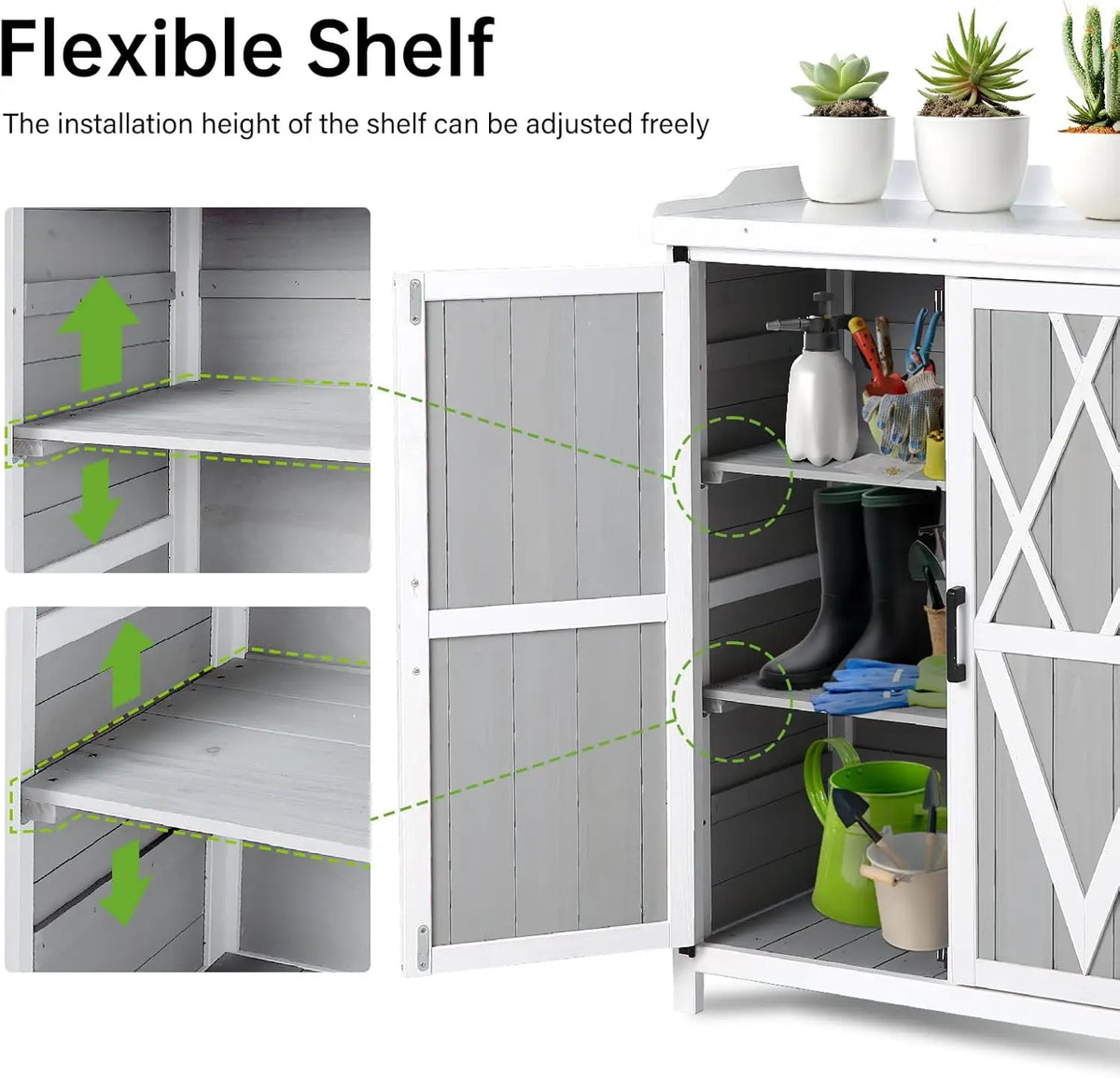 Fir Wood Iron Garden Work Table with Outdoor Storage Cabinet