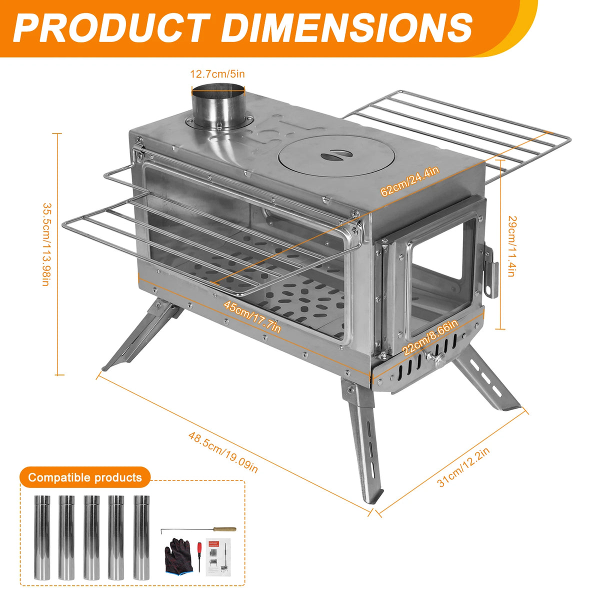APWIKOGER Weatherproof Camping Stove with Chimney Pipe for Outdoor Heating