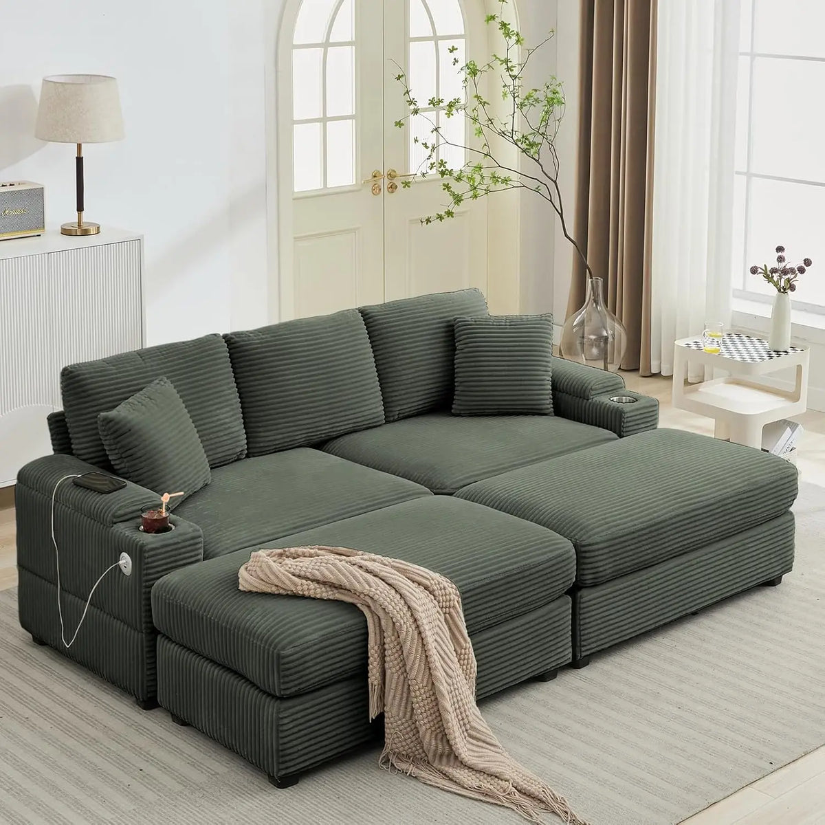 Oversized Double Chaise Lounge With Ottomans And Storage Cup Holders