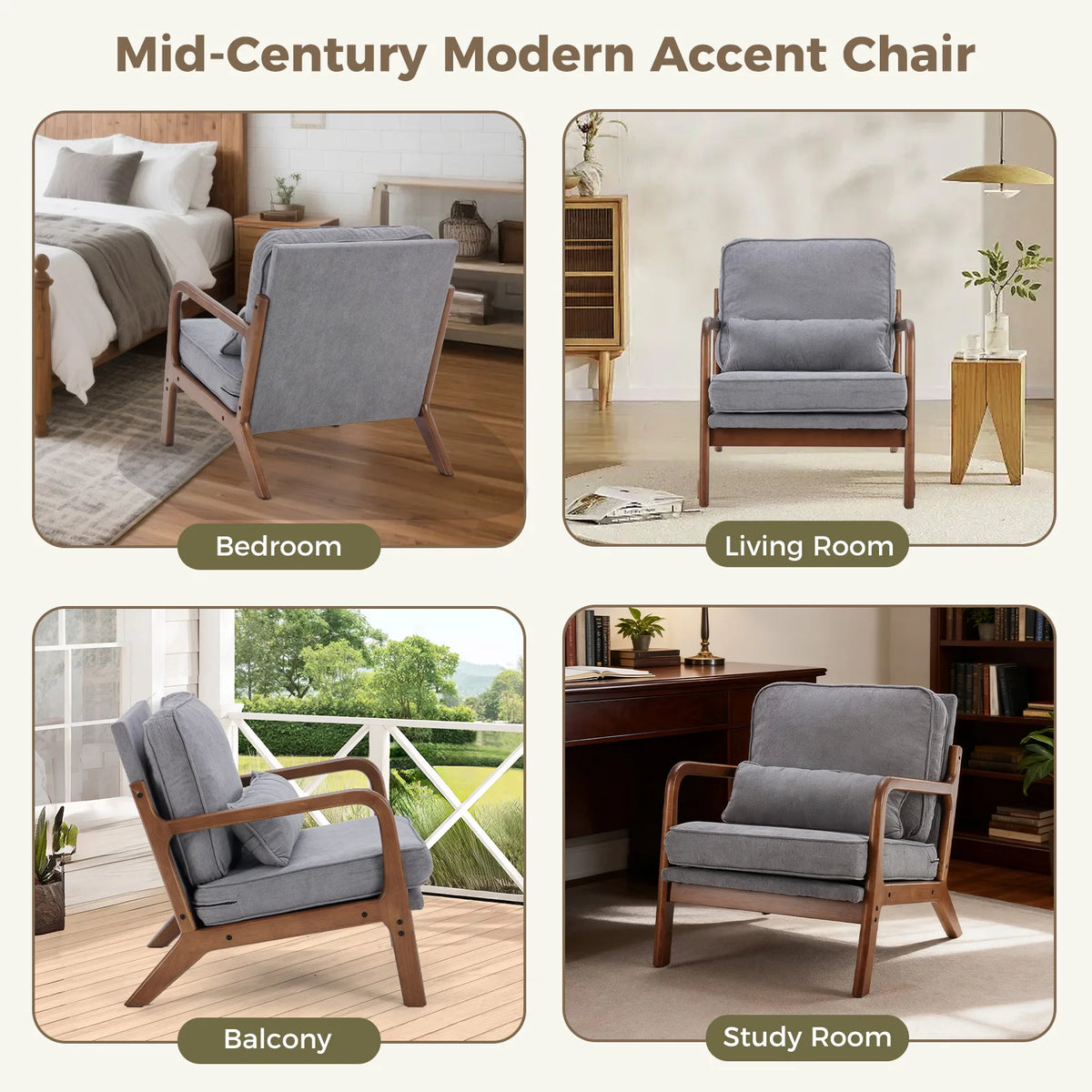 JHK Mid Century Wooden Accent Chair With Arms And Cushion