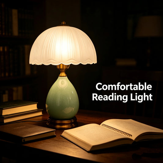 Vintage Ceramic Table Lamp With Pleated Frosted Glass Shade