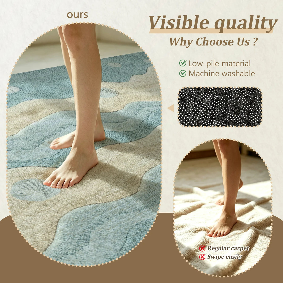 Machine Washable Coastal Wave Seashell Rug With Non Slip Backing