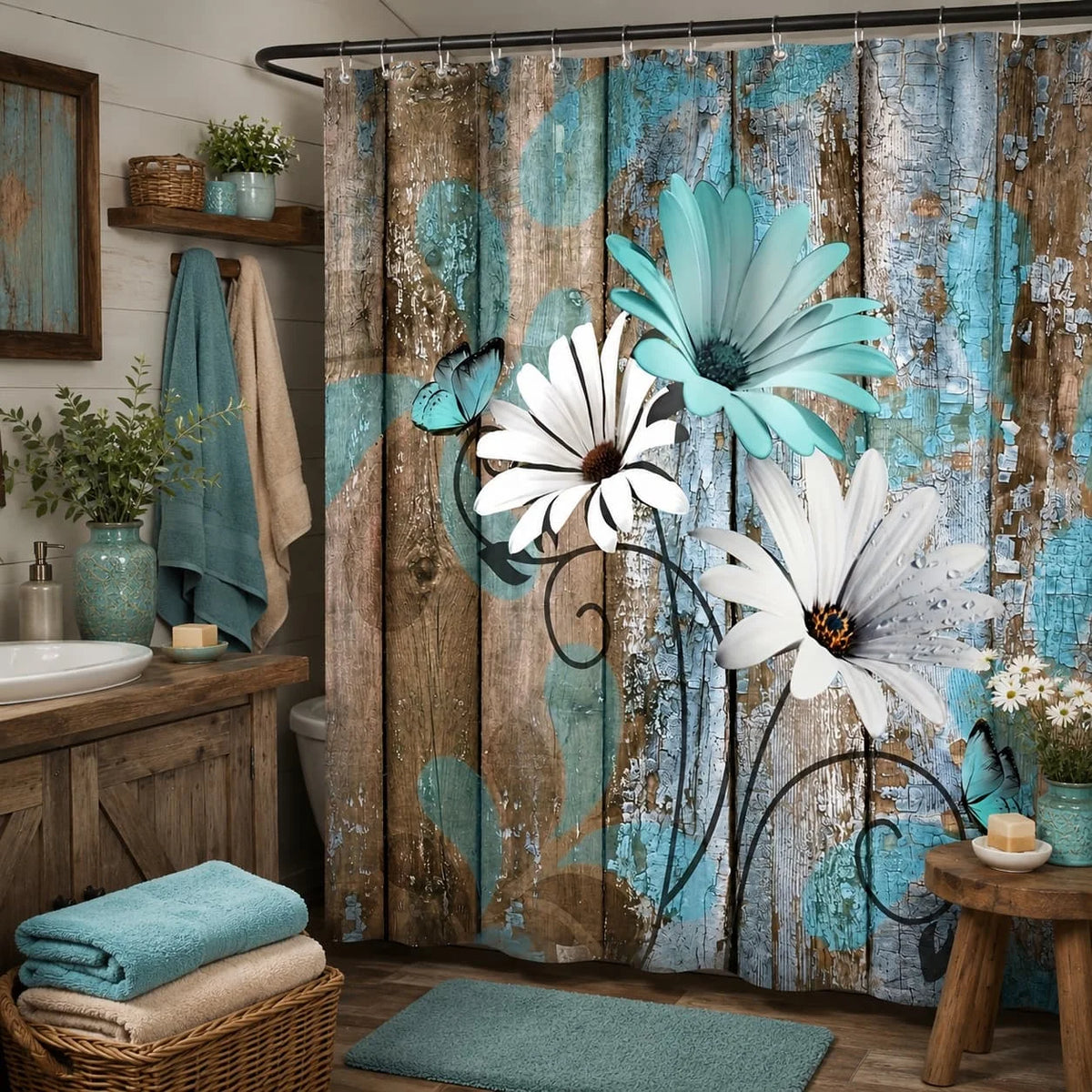 Farmhouse Floral Garden Shower Curtain with Hooks for Rustic Bathrooms