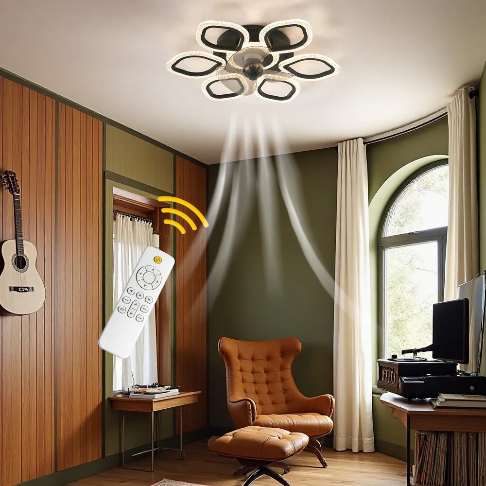 Ceiling Fan Light with 6-Petal Design, 6 Wind Speed Settings, Stepless Dimming, Timer Function, Reversible Motor, Suitable for Both Winter and Summer Use, Ideal for Bedrooms, Living Rooms, and above Dining Tables