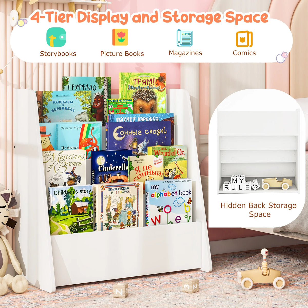 HOMASIS Kids Wooden Sling Bookshelf With Deep Shelves for Toddlers