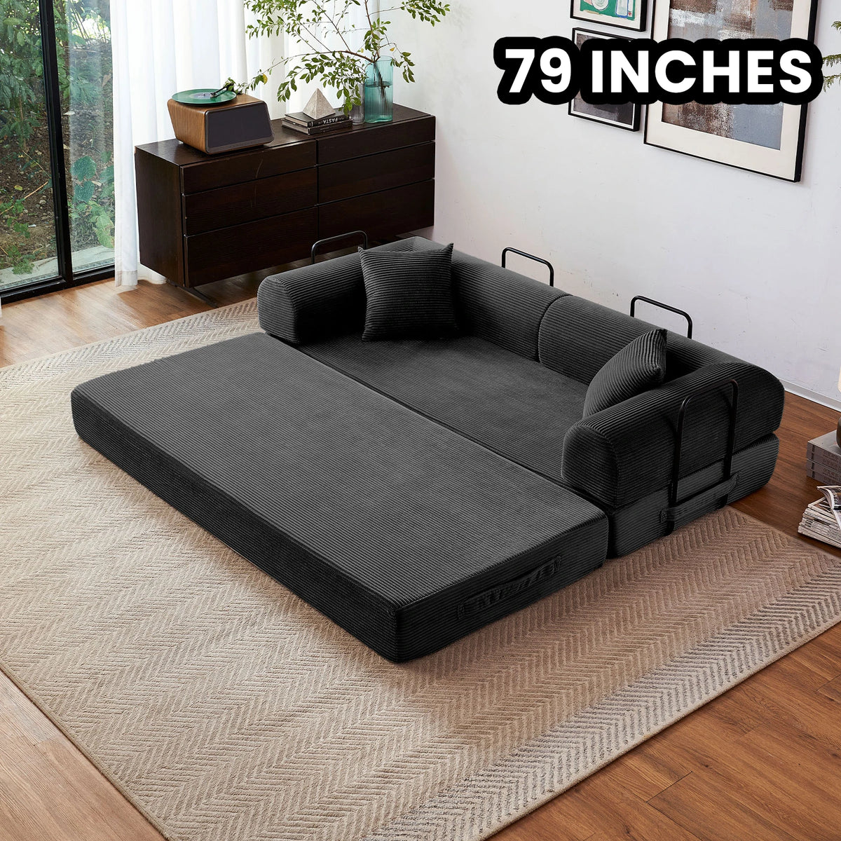 Foldable Convertible Futon Sleeper Sofa Bed With L Shaped Armrests