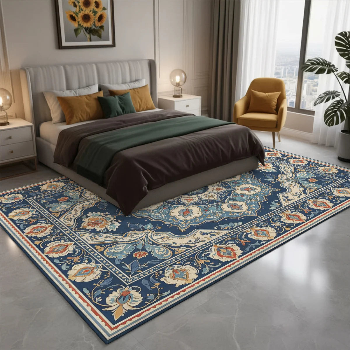 Vintage Persian Floral Velvet Rug, Machine Washable Non Slip Carpet
