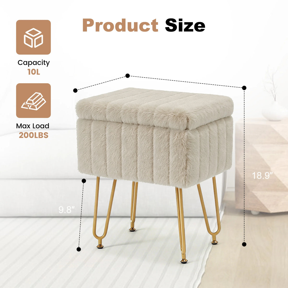 JHK Faux Fur Vanity Stool With Hidden Storage Metal Legs