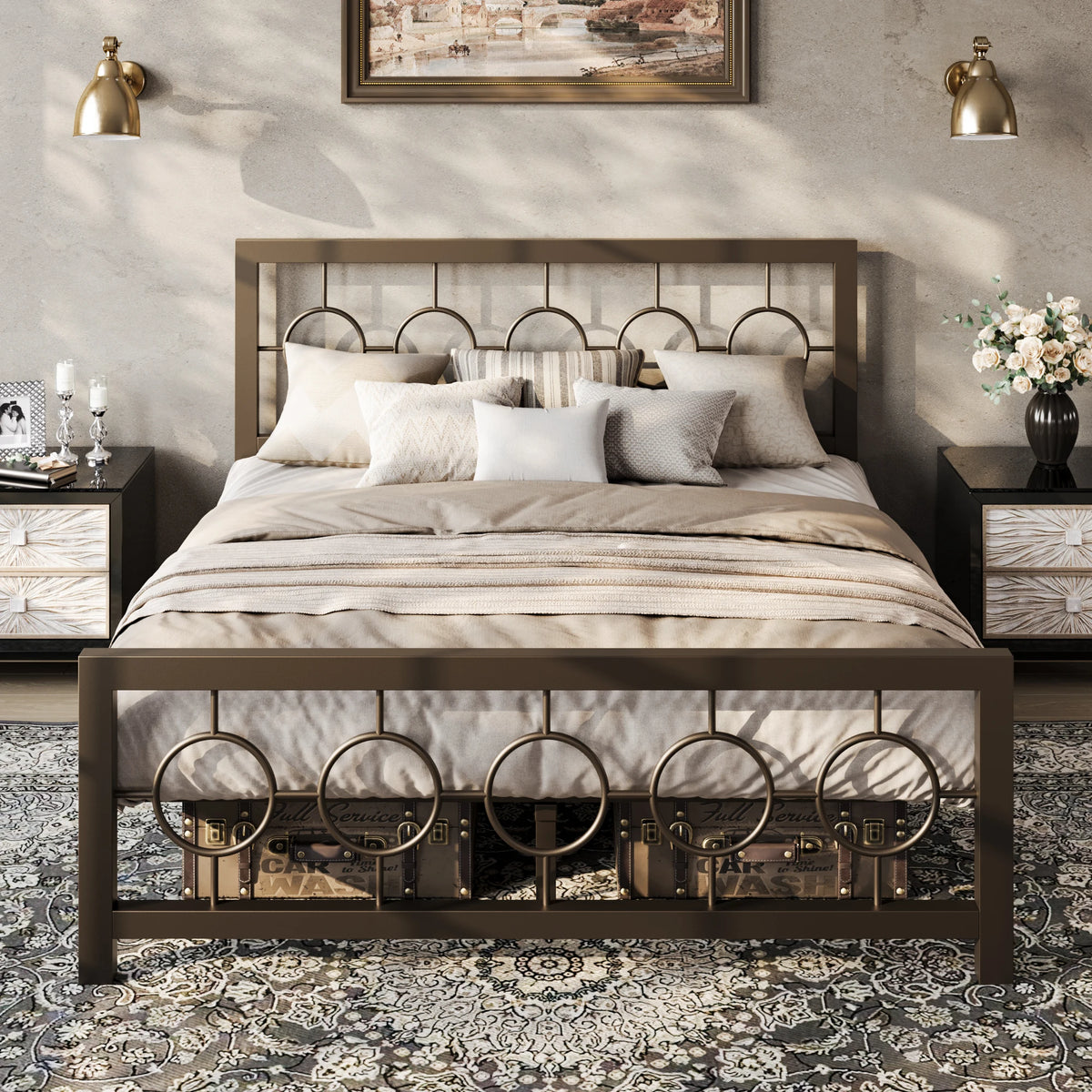 HOOMIC Metal Platform Bed Frame with Vintage Circular Design Headboard and Footboard, Extra Under-Bed Storage Allewie