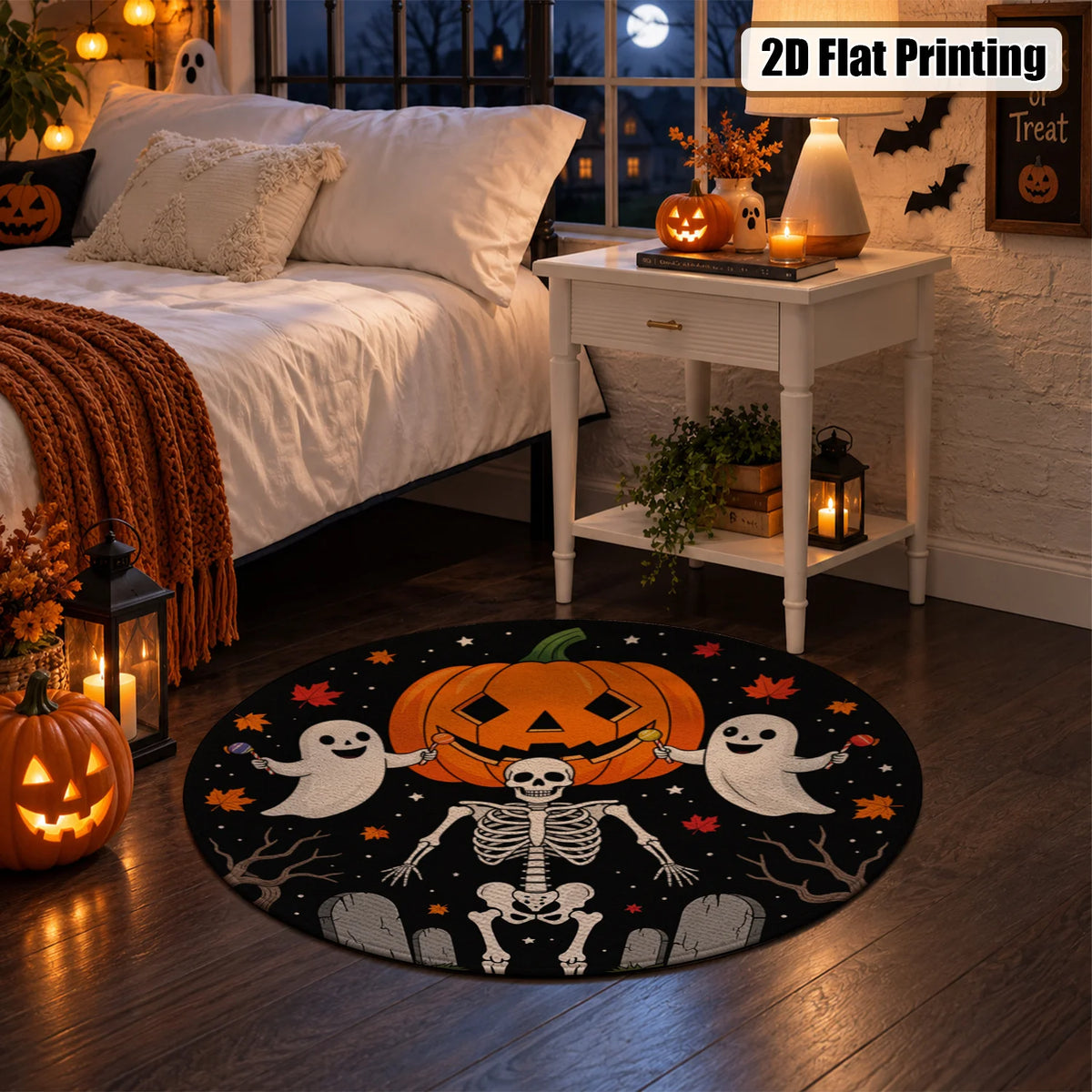 Halloween Pumpkin Ghost Skeleton Round Velvet Mat Machine Washable Decor