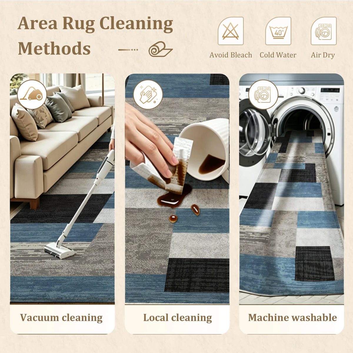 Washable Velvet Low Pile Area Rug With Non Slip Backing