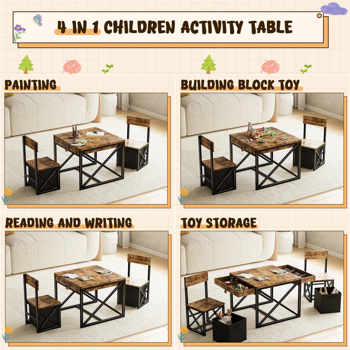 4-in-1 Kids Table and Chairs Set with Storage, Toddler Activity Desk for Crafts, Drawing, Reading – Ideal Children’s Furniture f