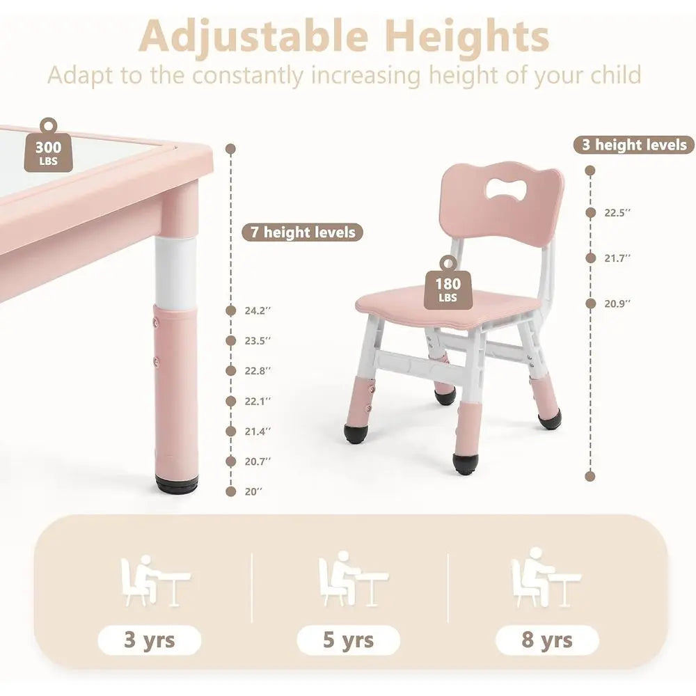Kids Table & 4 Chairs Set, Height Adjustable Children Activity Table w/Storage, Graiti & Building Blocks Tabletop, Toddler urnit