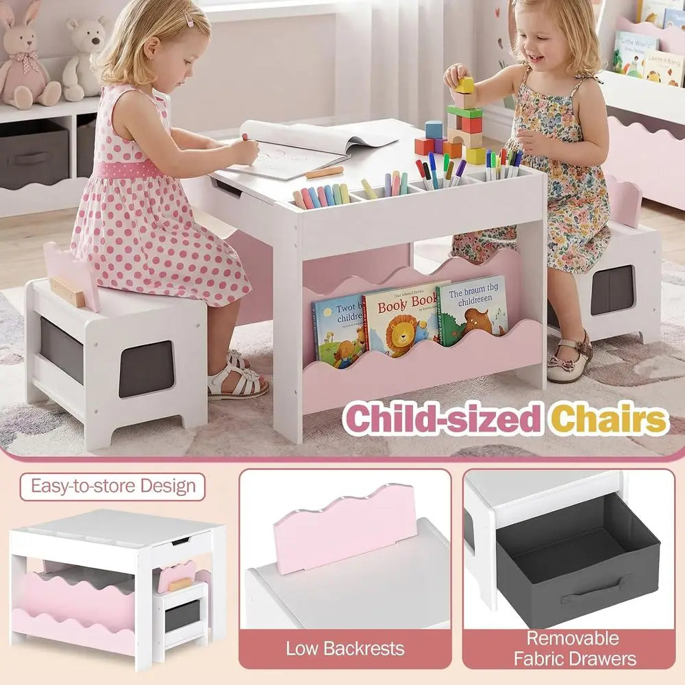 Kids Table and Chairs, Wooden 4-in-1 Activity Desk Set w/Double-Sided Tabletop, Chalkboard, Bookshelves, Small Comparents & abri