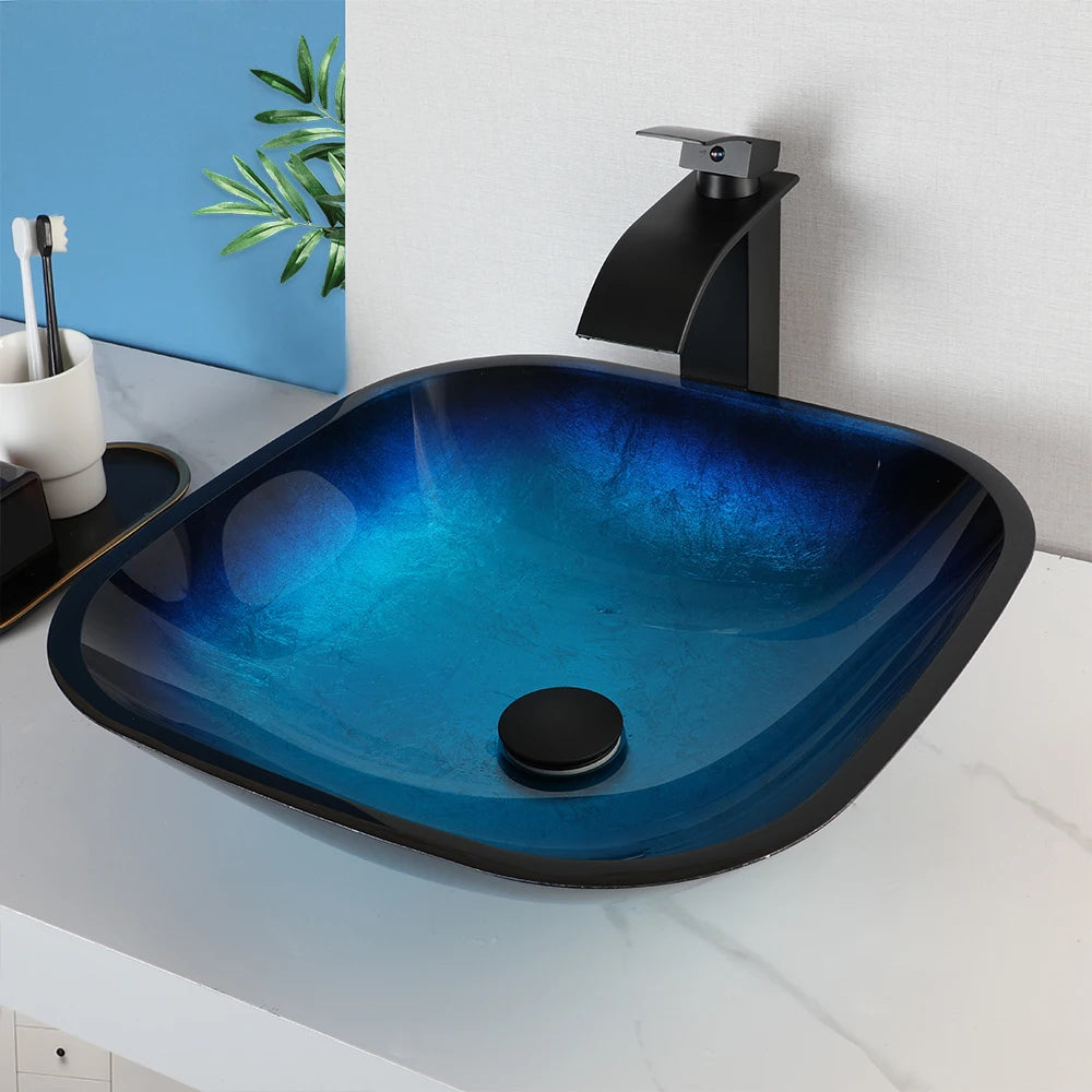KEMAIDI Artistic Vessel Sink -17 Inch Square Tempered Glass Bowl with Faucet Drain Combo for Above Counter Bathroom Vanity Blue