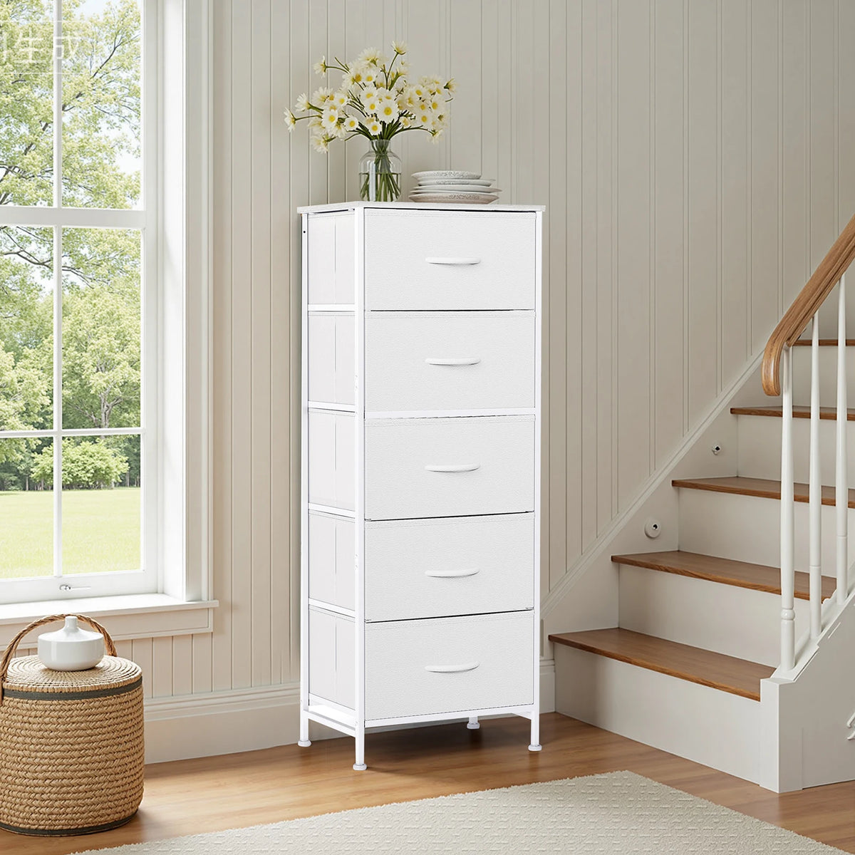 JHK 5 Drawer Fabric Dresser For Bedroom Storage Cabinet