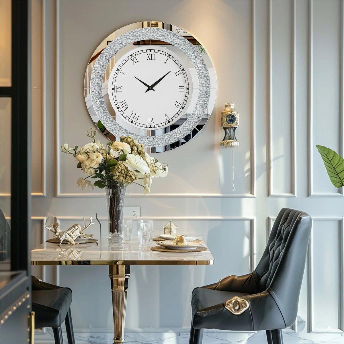 Crystal Sparkle Mirrored Wall Clock for Living Room Decor