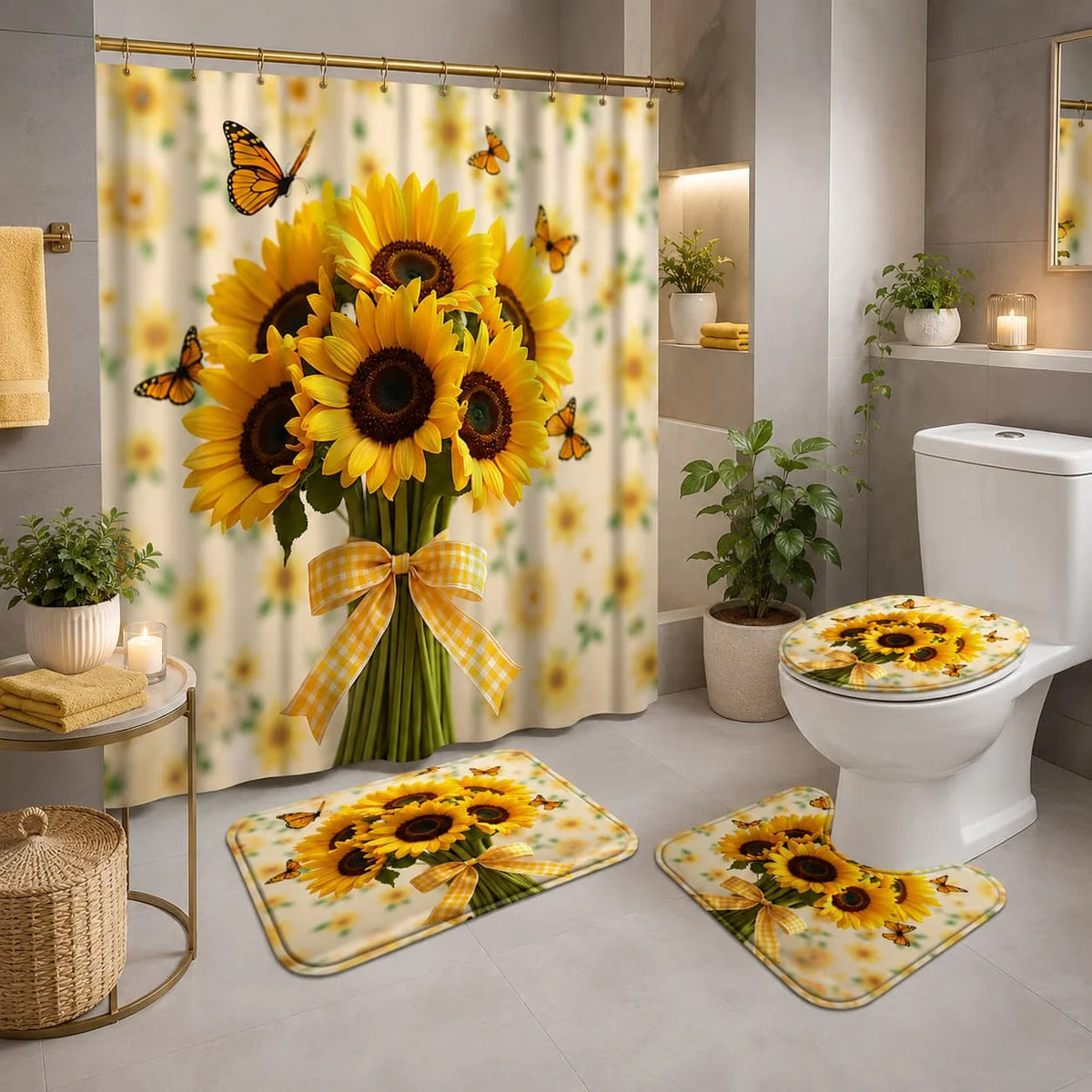 Sunflower Butterfly Printed Shower Curtain Set With Hooks And Mats