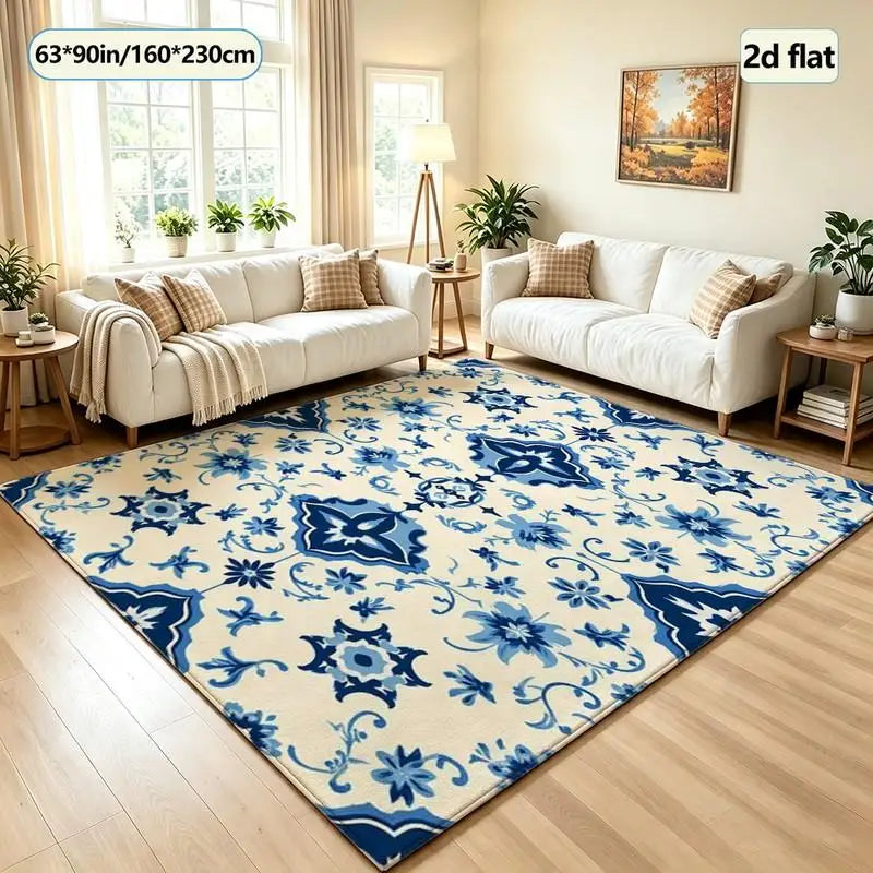 Blue and White Porcelain Floral Carpet Flooring, Traditional Oriental Style Area Rug for Living Room Bedroom Home Decor