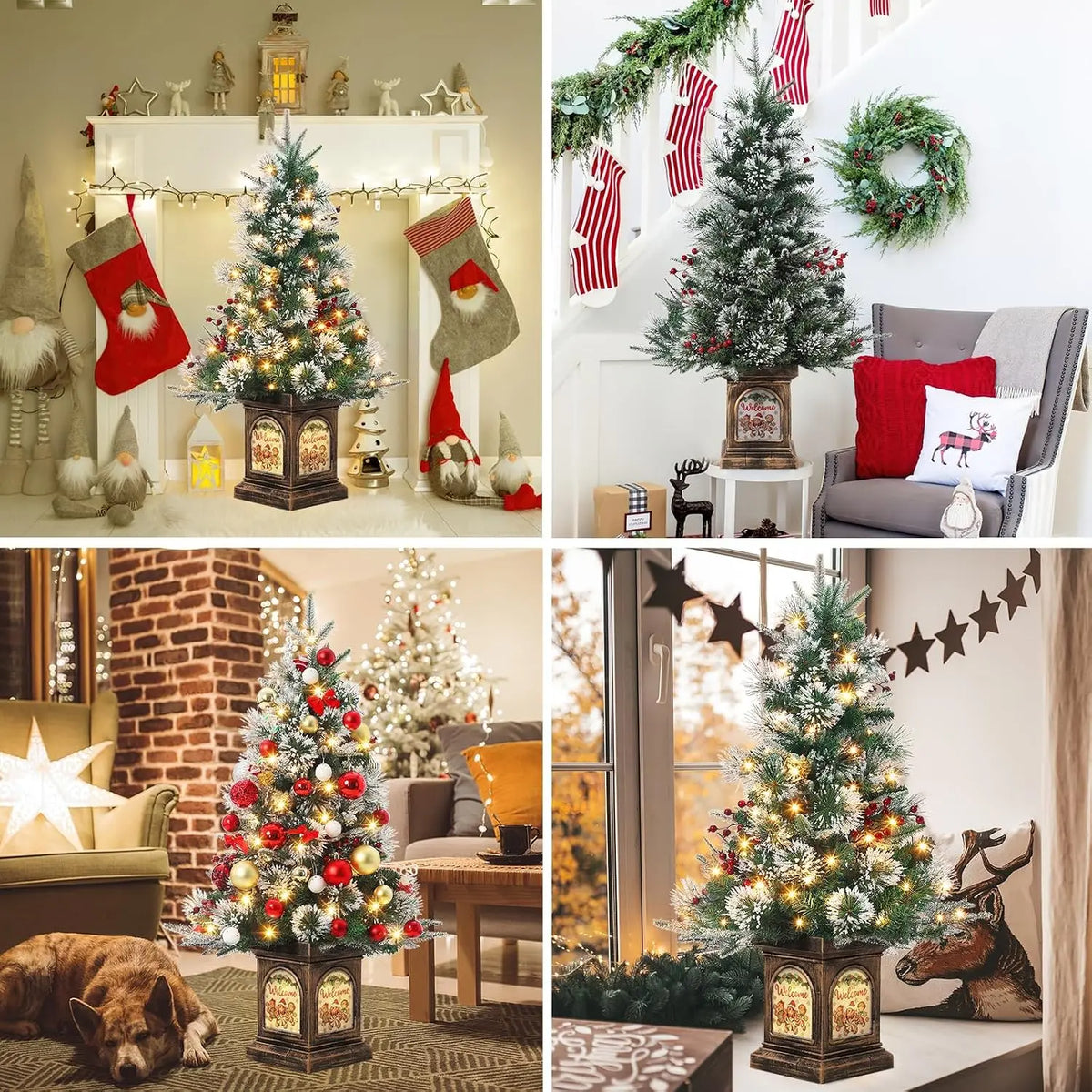 Snow-Flocked Pre-Lit Christmas Tree with Gingerbread Light Base