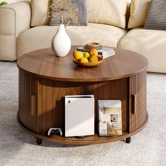 Round Coffee Table with Storage,31.5" Modern Coffee Table with 360° Curved Sliding Door,Fluted Wood Accent Coffee Tablee