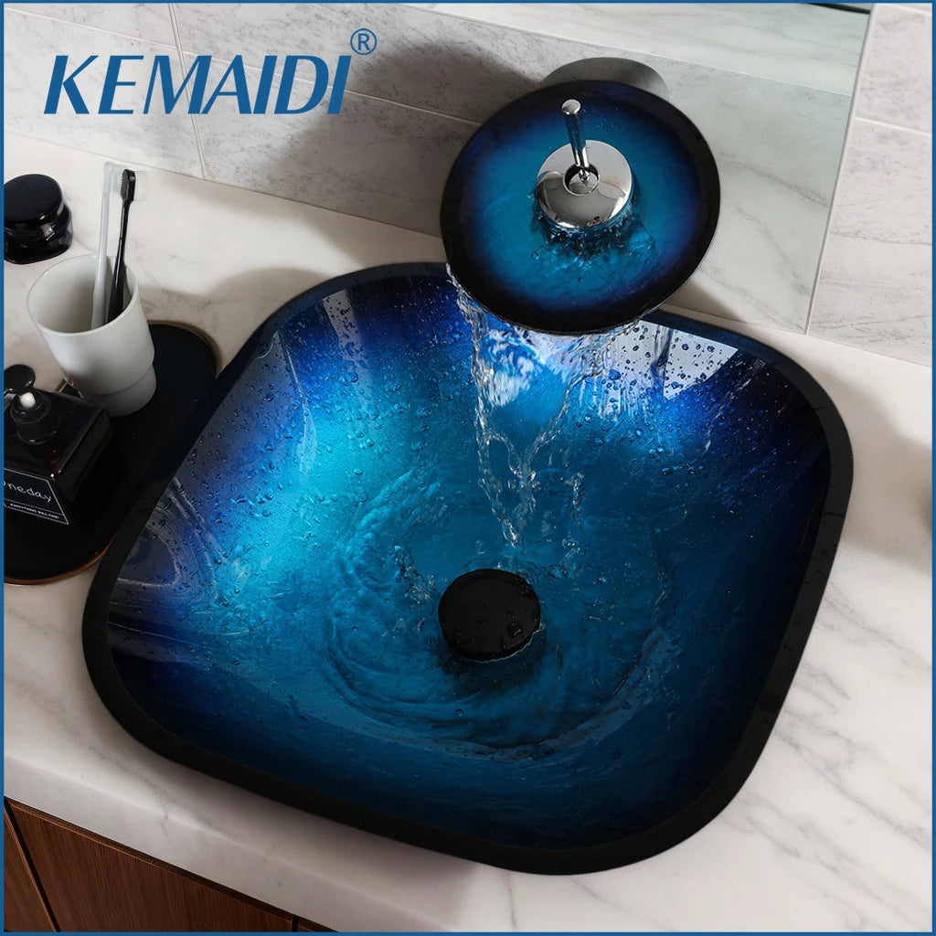 KEMAIDI Artistic Vessel Sink -17 Inch Square Tempered Glass Bowl with Faucet Drain Combo for Above Counter Bathroom Vanity Blue