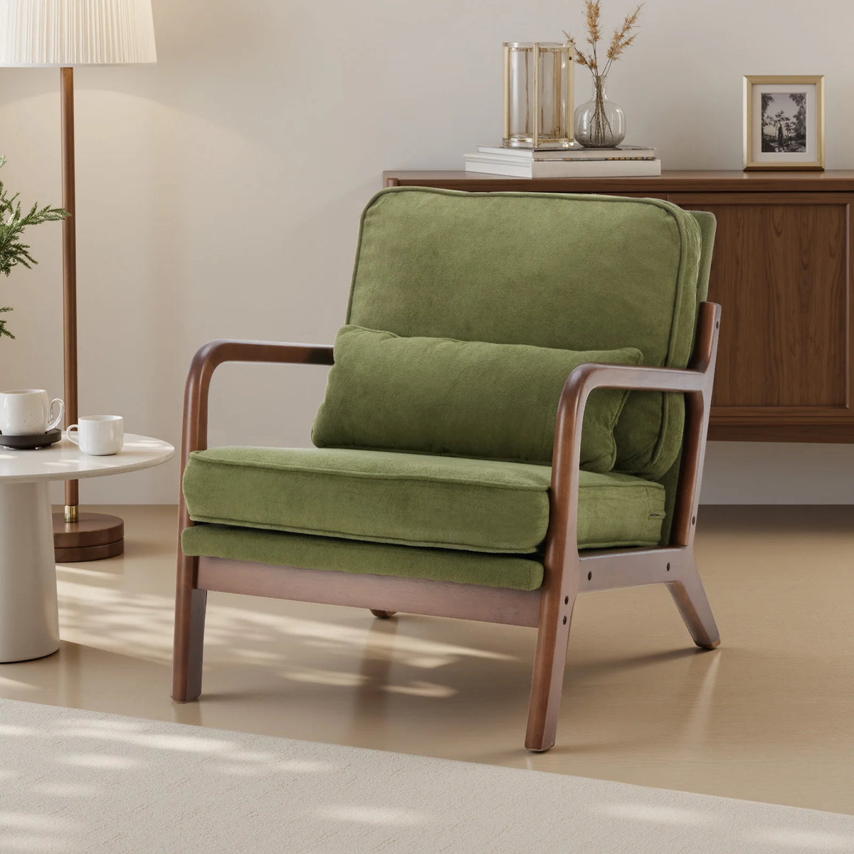 JHK Mid Century Wooden Accent Chair With Arms And Cushion