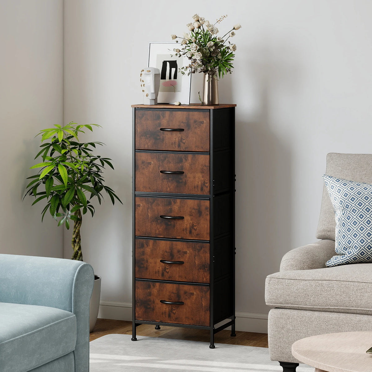 JHK 5 Drawer Fabric Dresser For Bedroom Storage Cabinet