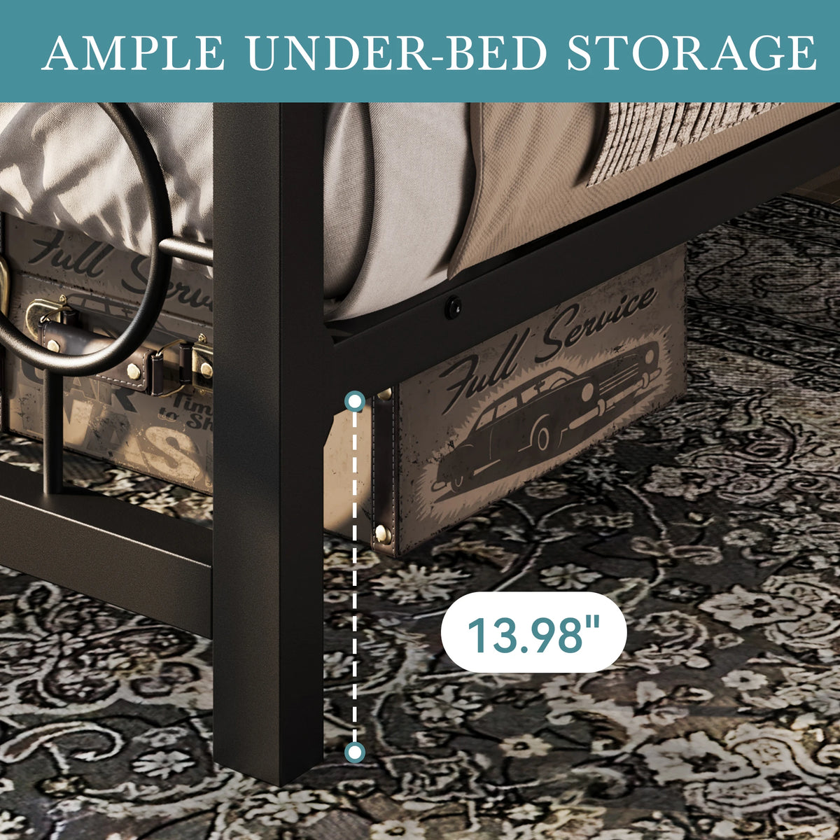 HOOMIC Metal Platform Bed Frame with Vintage Circular Design Headboard and Footboard, Extra Under-Bed Storage Allewie