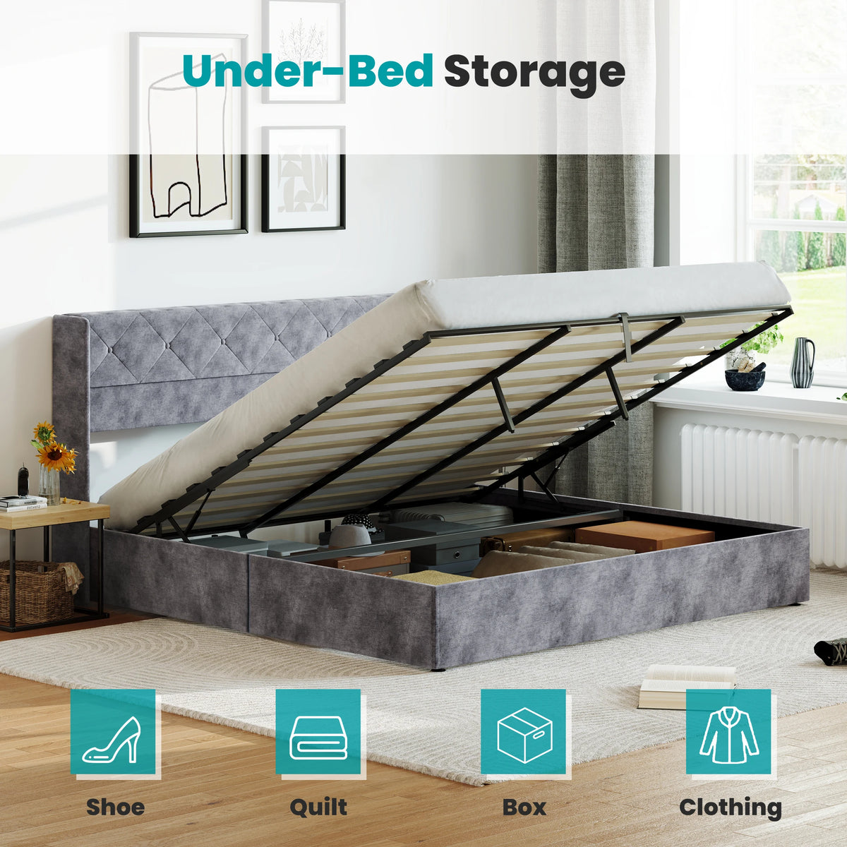 MCQ Upholstered Lift Up Storage Bed Frame With Wingback Headboard