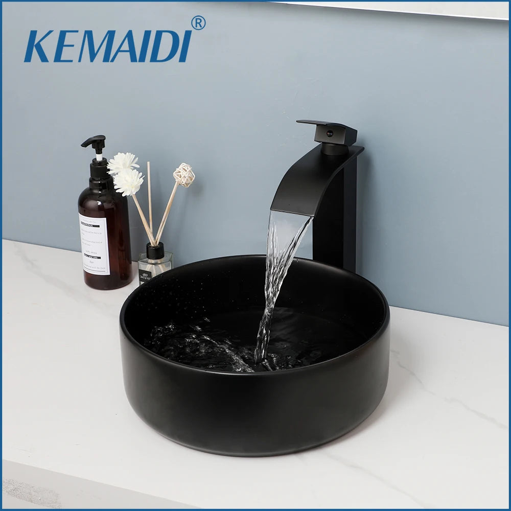 MEKKHALA Round Ceramic Above Counter Bathroom Sink With Faucet Set