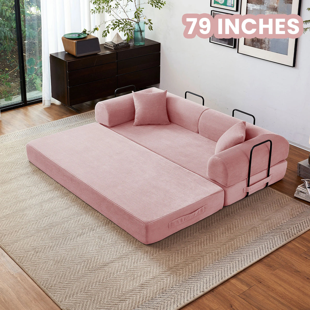 Foldable Convertible Futon Sleeper Sofa Bed With L Shaped Armrests