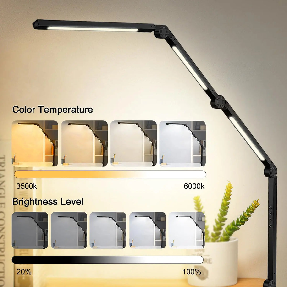 LED Desk Lamp with Clamp Flexible 4 sections Swing Arm Three light sources desk light, 4 Color Modes & 5 Brightness