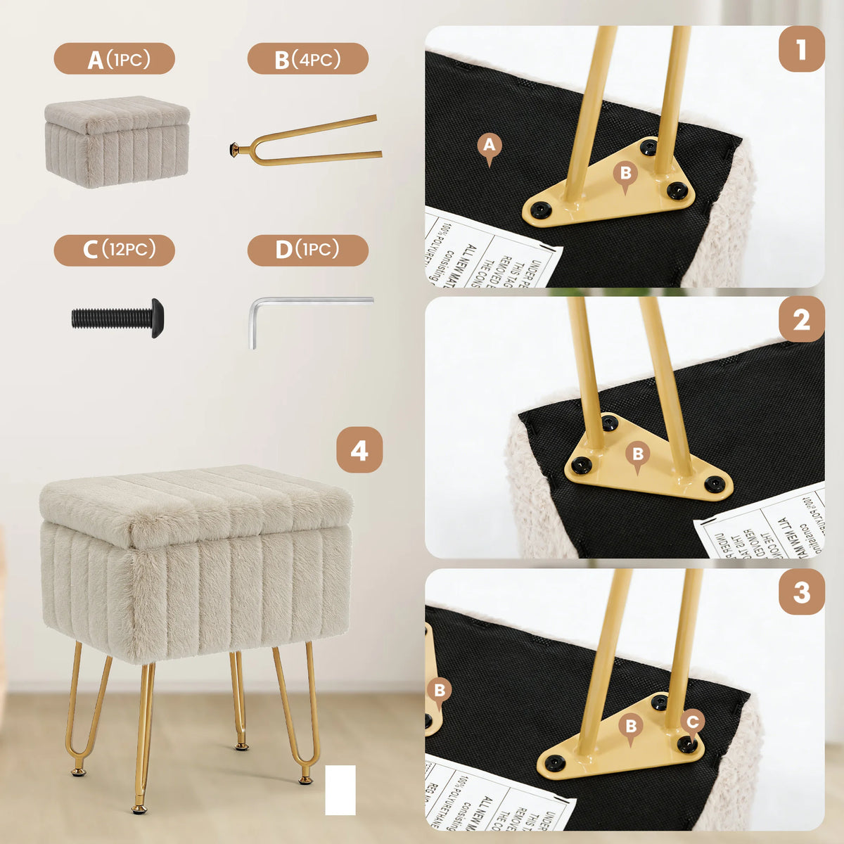 JHK Faux Fur Vanity Stool With Hidden Storage Metal Legs