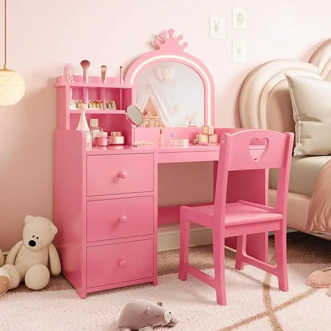 HiMISS Kids Vanity Desk With Lights And Bookshelf Chair Set