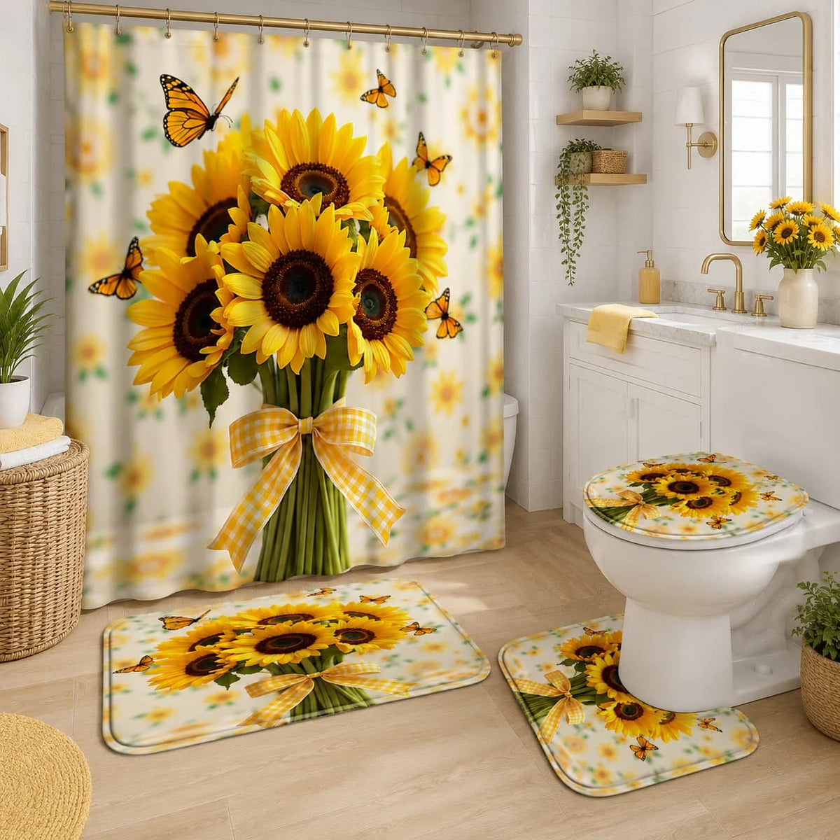 Sunflower Butterfly Printed Shower Curtain Set With Hooks And Mats