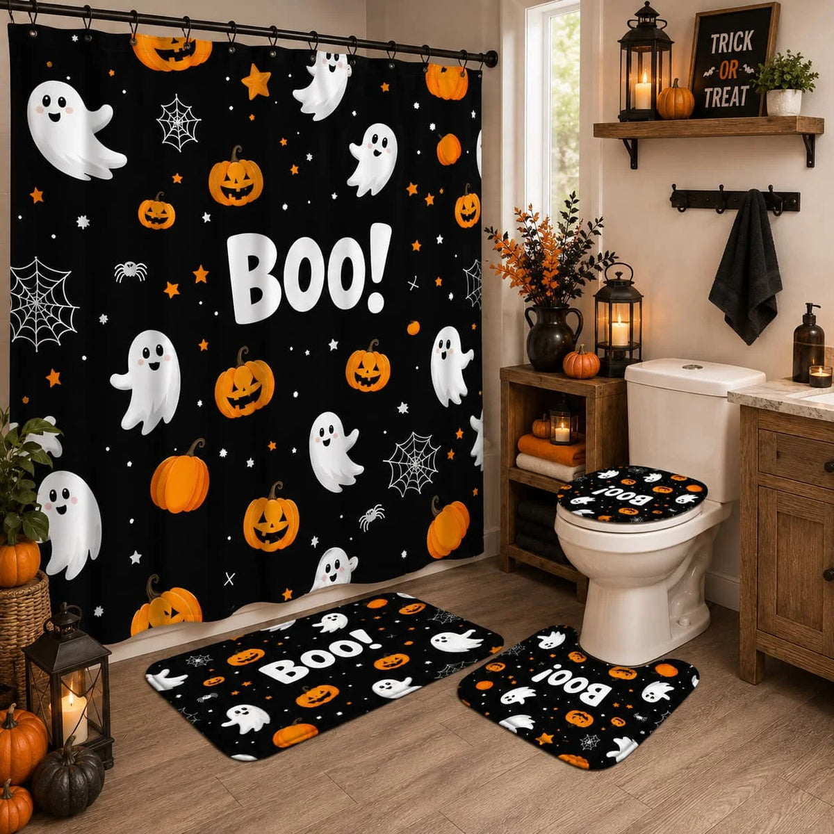 Halloween Pumpkin Ghost Bathroom Shower Curtain Set With Toilet Covers