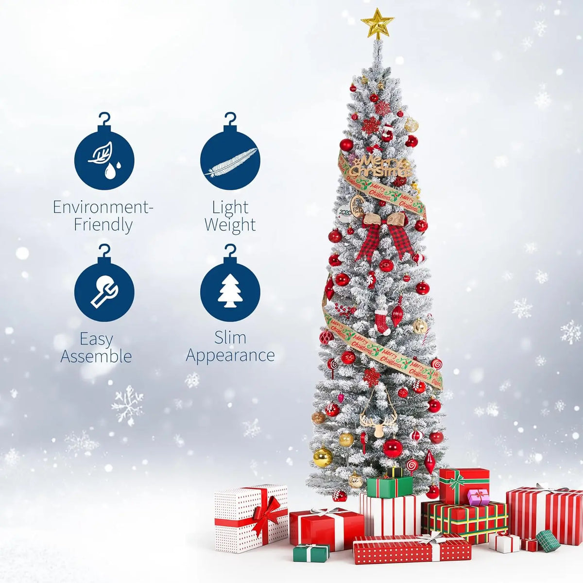 Tall Slim Artificial Pencil Christmas Tree with Snow Flocking Realistic Mixed PVC Branches Space-Saving Holiday Decoration