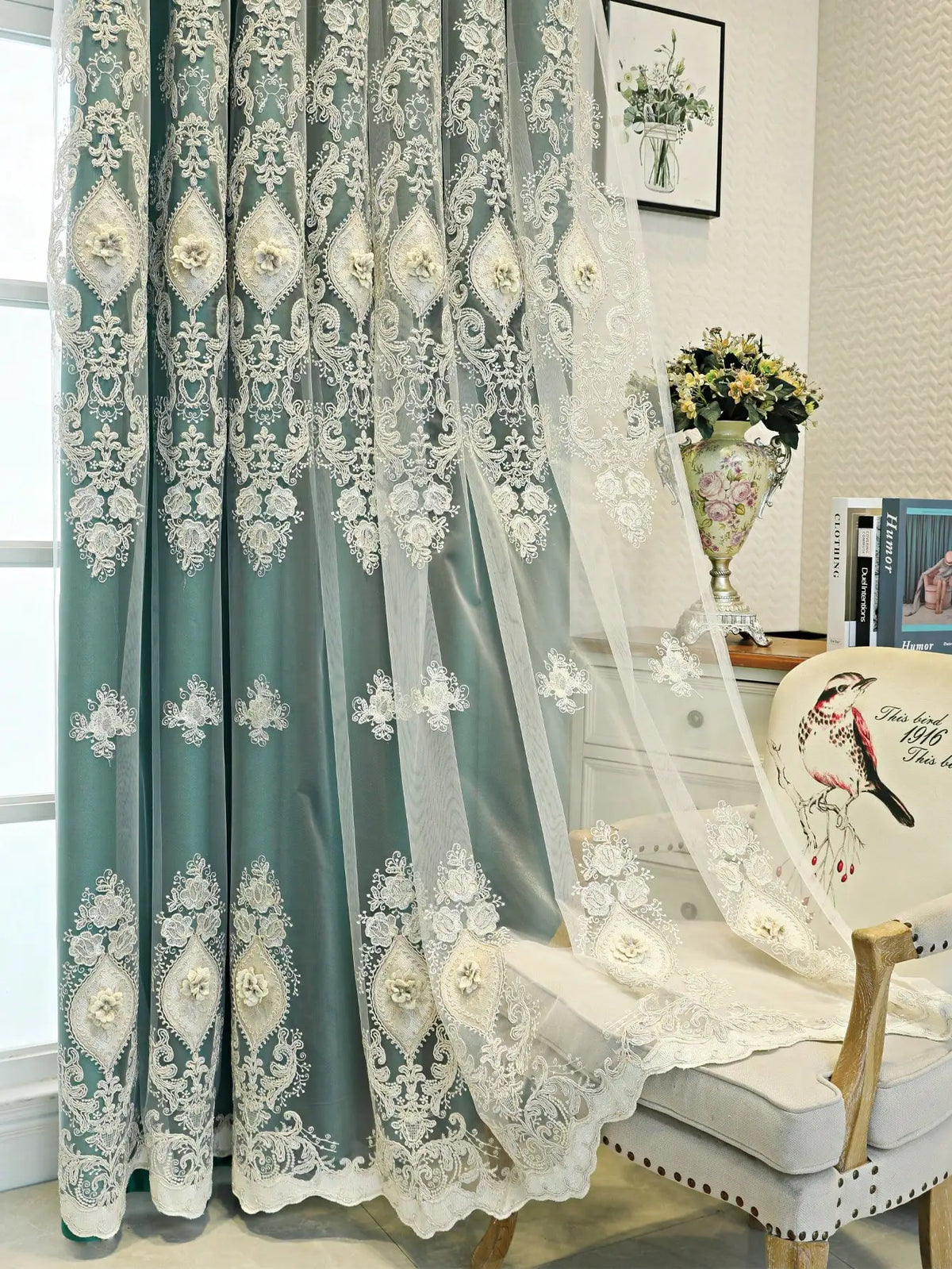 Vintage Embroidered Curtains With 3D Relief, Dual Layer Privacy Design