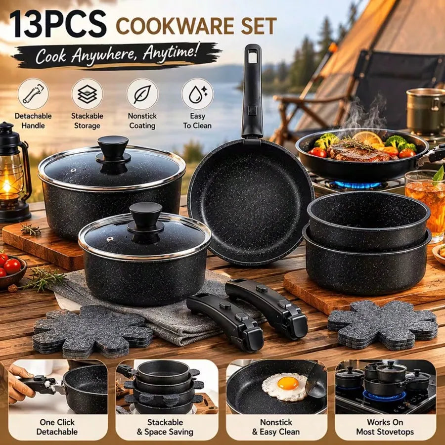 Premium 13PCS Nonstick Cookware Set With Detachable Handles, Matte Black Stackable Pots And Pans Set For Modern Kitchen, RV Camping, Induction Compatible Cooking Set(304 Stainless Steel) sh260805145768381269248