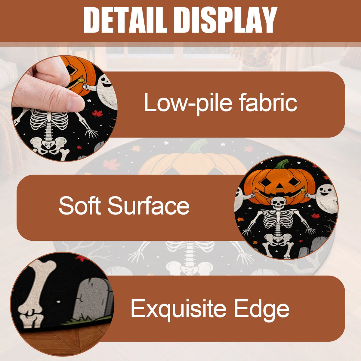 Halloween Pumpkin Ghost Skeleton Round Velvet Mat Machine Washable Decor