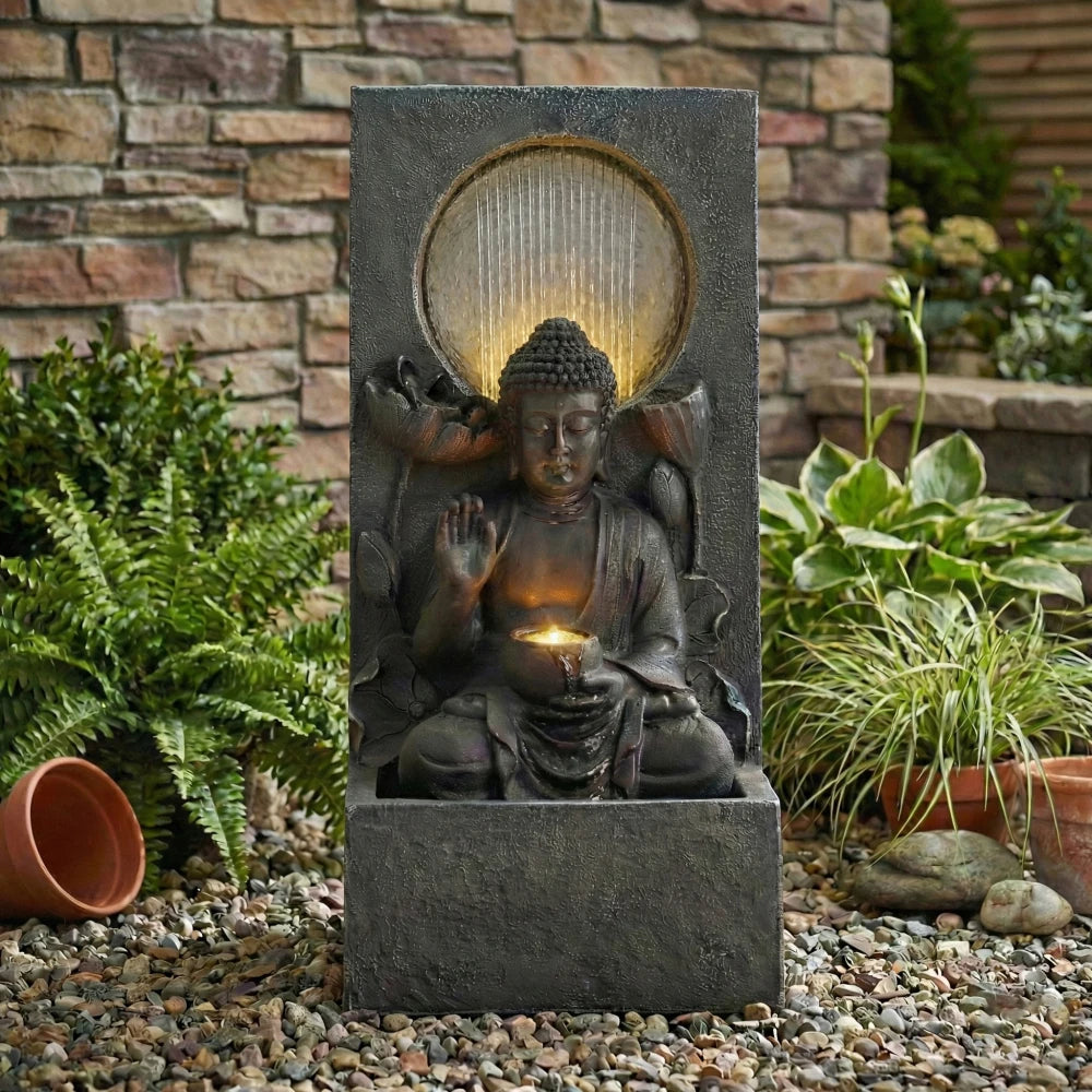 Zen Buddha Waterfall Fountain with LED for Garden Patio Decor