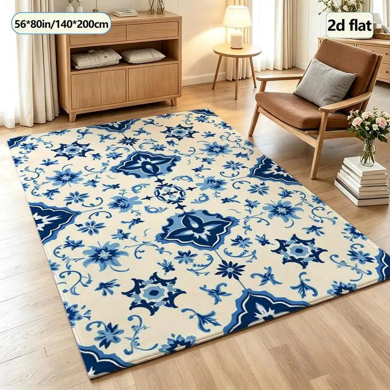 Blue and White Porcelain Floral Carpet Flooring, Traditional Oriental Style Area Rug for Living Room Bedroom Home Decor