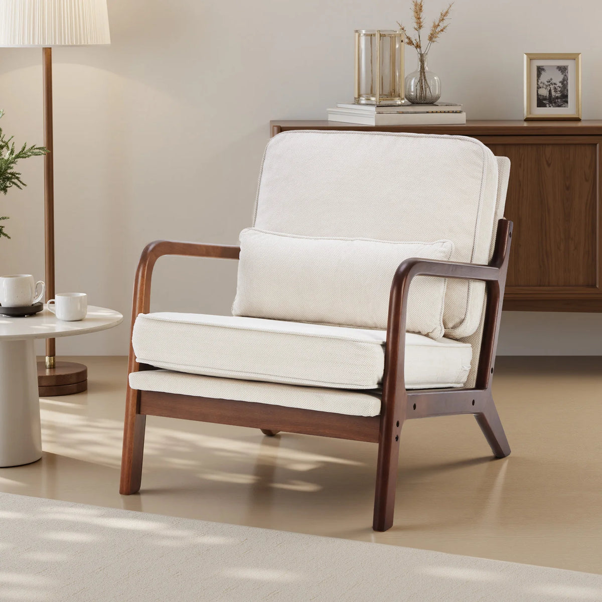 JHK Mid Century Wooden Accent Chair With Arms And Cushion