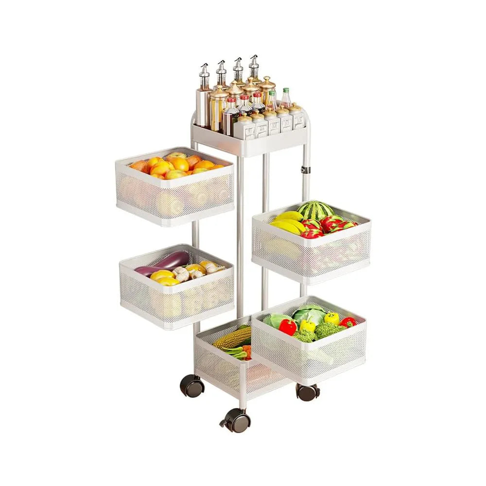4 5 Tier Rotating Kitchen Storage Cart Thickened Carbon Steel With Wheels Top Lid Fruit Vegetable Basket Mobile Produce Organizer Utility Rack For Bathroom Living Room No Assembly Required