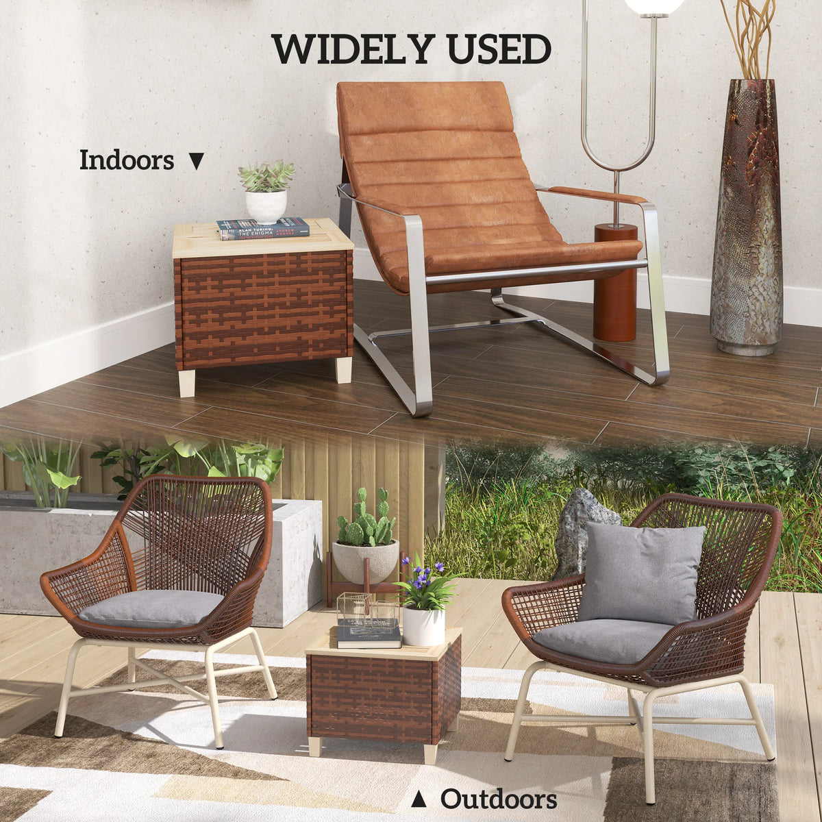 Outsunny Outdoor Side Table With PE Rattan And Wood Top