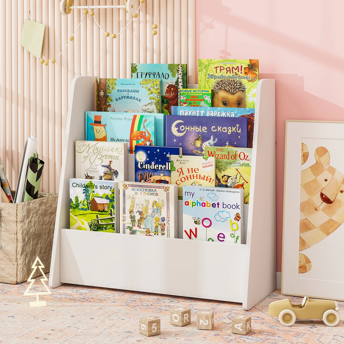 HOMASIS Kids Wooden Sling Bookshelf With Deep Shelves for Toddlers