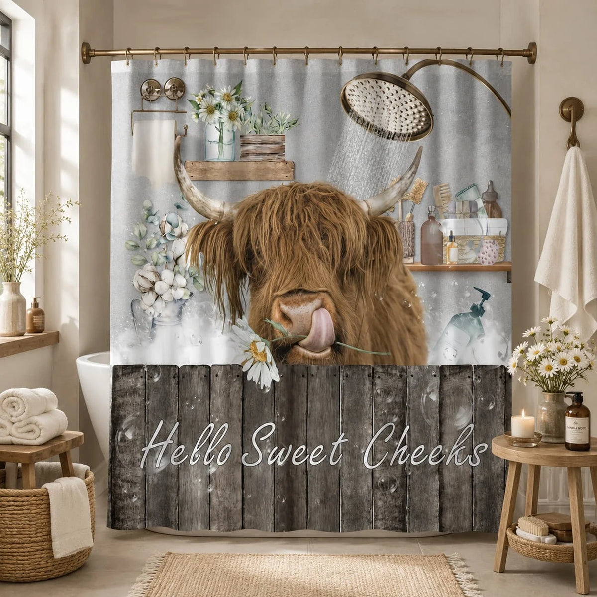 Farmhouse Highland Cow Polyester Shower Curtain for Bathroom Decor