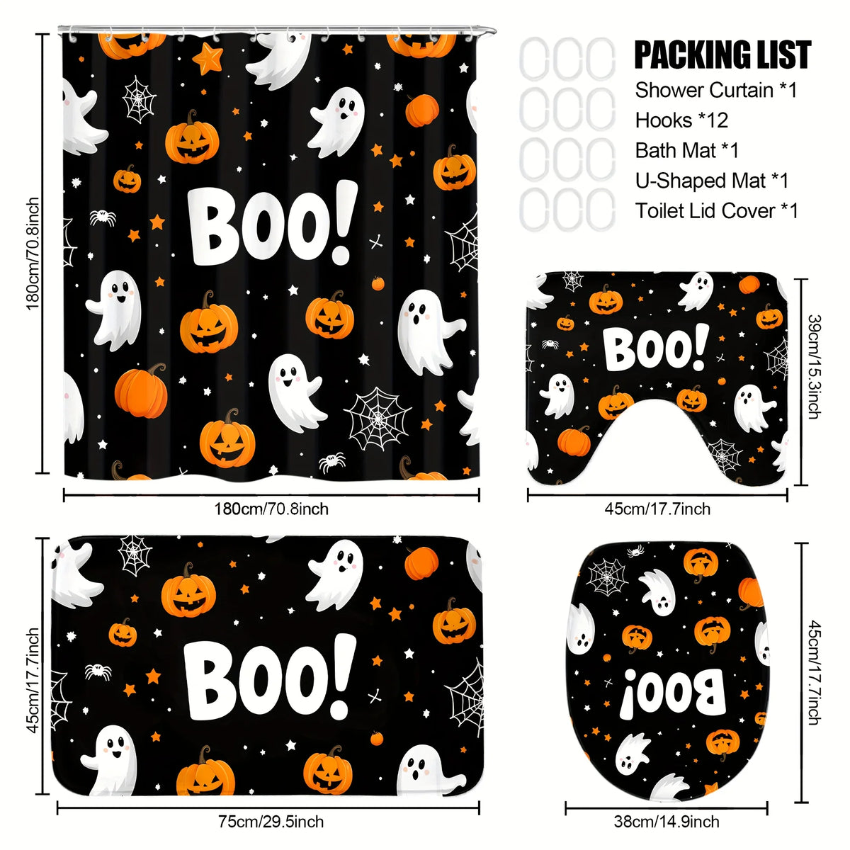 Halloween Pumpkin Ghost Bathroom Shower Curtain Set With Toilet Covers