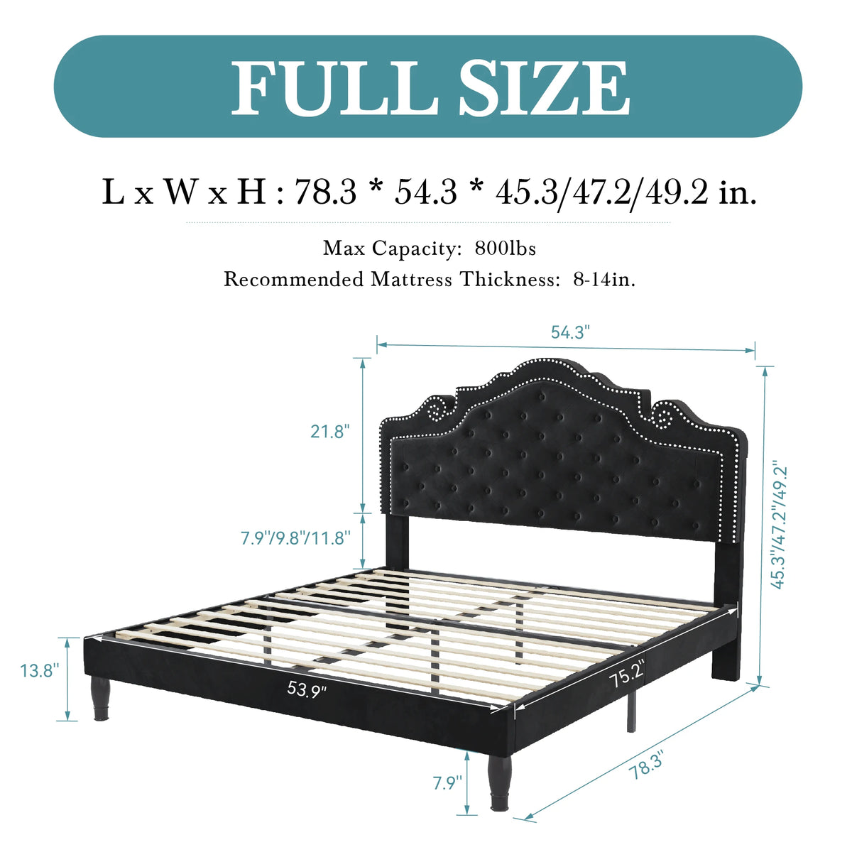 HOOMIC Bed Frame with Adjustable Velvet Tiara Headboard, Upholstered Diamond Button Tufted Platform Bed, Wood Slats Support,